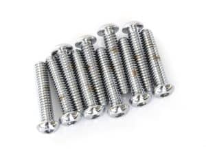 Chrome motorcycle screws for Revelry Motorcycles, high-quality hardware for custom bikes.