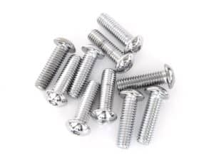 Shiny silver motorcycle screws for Revelry Motorcycles, durable and high-quality hardware.