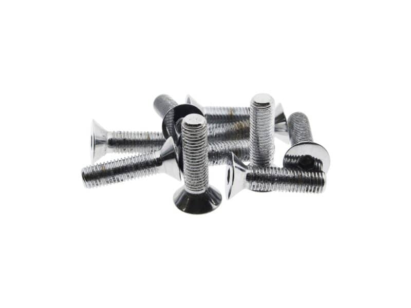 Shiny silver screws for motorcycle repairs and modifications at Revelry Motorcycles.