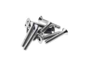 Assorted stainless steel motorcycle bolts and screws for Revelry Motorcycles parts and accessories.