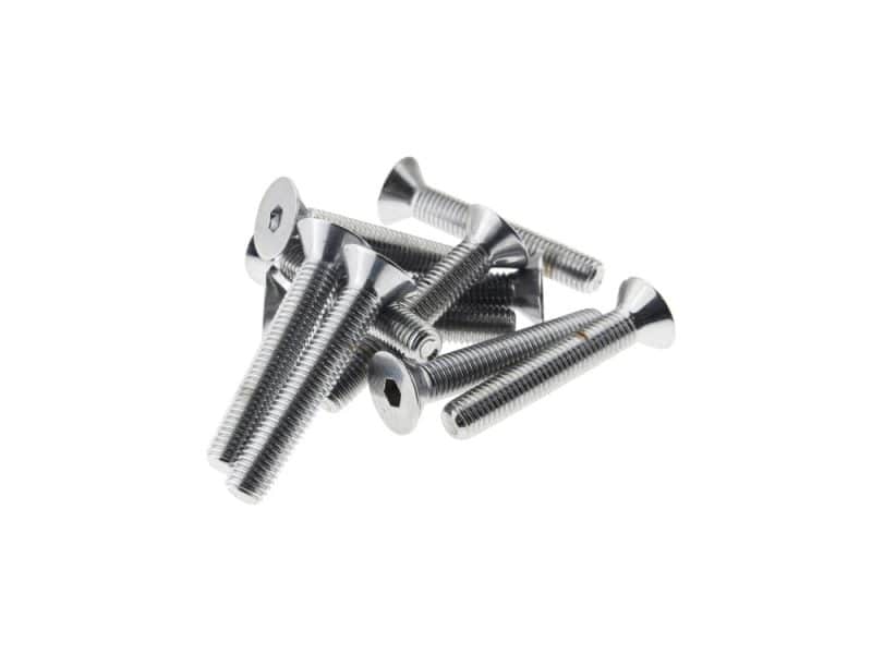 Assorted stainless steel motorcycle bolts and screws for Revelry Motorcycles parts and accessories.