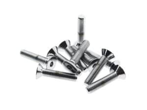 Shiny stainless steel motorcycle screws for bike maintenance and repair.