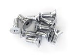 Multiple silver motorcycle screws with flat heads on white background.