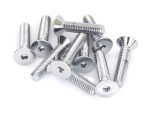 Shiny metal motorcycle screws for bike repair and maintenance.