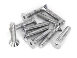 Shiny silver motorcycle screws for DIY repairs and custom builds.