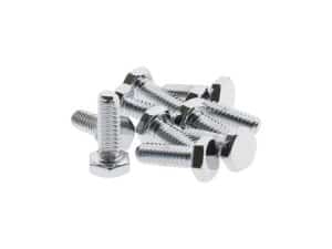 Shiny steel bolts and nuts for motorcycle assembly or repair.