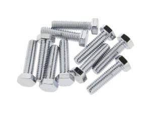 Assorted chrome motorcycle bolts, essential for bike assembly and repair.