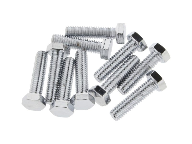 Assorted chrome motorcycle bolts, essential for bike assembly and repair.