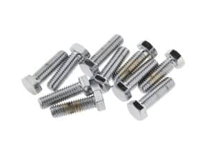 Assorted chrome motorcycle bolts for durable motorcycle maintenance and repairs.