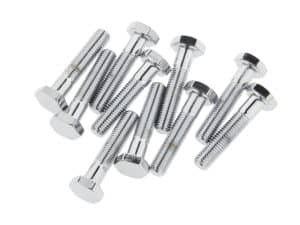 Shiny chrome motorcycle bolts for Revelry Motorcycles custom builds and repairs.