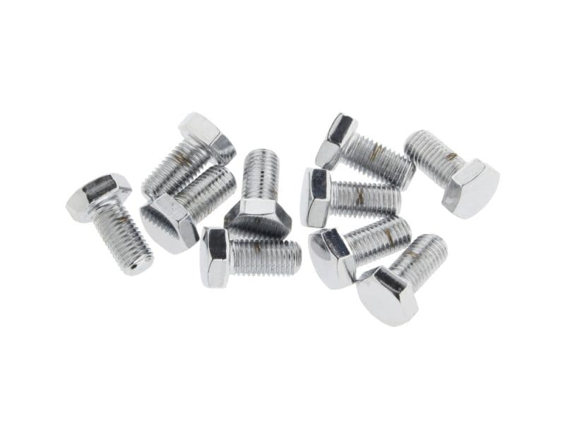 Chrome motorcycle bolts for bike maintenance and upgrades.