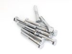 Bolt hardware for motorcycles, shiny chrome finish, part of motorcycle maintenance and repair.