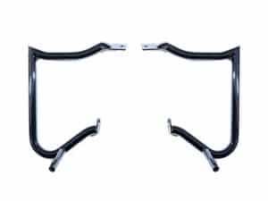 Chrome motorcycle highway bars for Revelry Motorcycles, black crash guard protection.