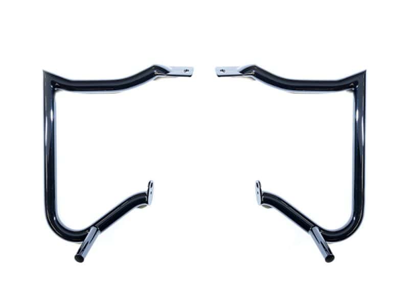 Chrome motorcycle highway bars for Revelry Motorcycles, black crash guard protection.