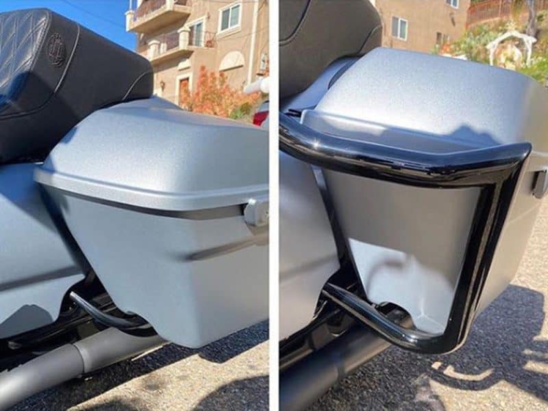 Large motorcycle pannier storage cases for Revelry Motorcycles.