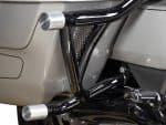 Sleek motorcycle frame with black and silver components for Harley Davidson bikes.