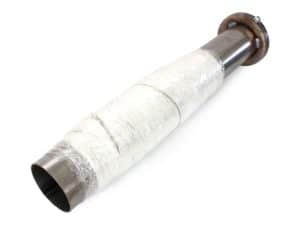 Light motorcycle exhaust pipe with heat wrap, used for custom bike builds.