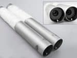 Aluminium motorcycle exhaust mufflers with heat wraps for enhanced performance and heat resistance.