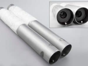 Aluminium motorcycle exhaust mufflers with heat wraps for enhanced performance and heat resistance.