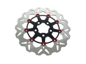 11.5in. Rear Floating Wave Disc Rotor - Black with Red Buttons. Fits Big Twin 2000up & Sportster 2000-2010.