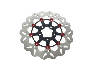 11.8in. Front Wave Floating Disc Rotor - Black with Red Buttons. Fits Dyna 2006-2017, Softail 2015up, Sportster 2014-2021 & Some Touring 2008-2023