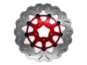 11.8in. Front Wave Floating Disc Rotor with Red Carrier. Fits Dyna 2006-2017, Softail 2015up, Sportster 2014-2021 & Some Touring 2008-2023