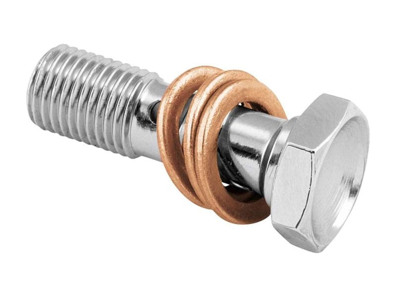 High-performance motorcycle bolt with copper washer for secure fit and durability.