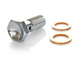 Bolt with copper washers for motorcycle maintenance and repairs.