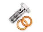 High-quality motorcycle bolt with orange washers for bike maintenance and customisation.