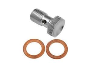 High-performance motorcycle bolt with copper washers for secure fitting at Revelry Motorcycles.