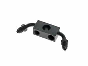 Durable motorcycle oil filter adapter with twin lines for Revelry Motorcycles.