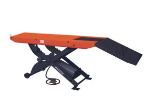 Robotic lift table for motorcycle maintenance and repair in black and orange.