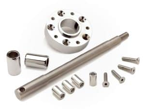 Precision motorcycle front wheel hub spacer and axle kit for Revelry Motorcycles.