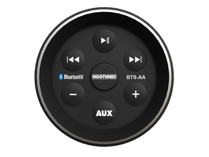 Bluetooth motorcycle speaker control remote, compact design for Revelry Motorcycles.