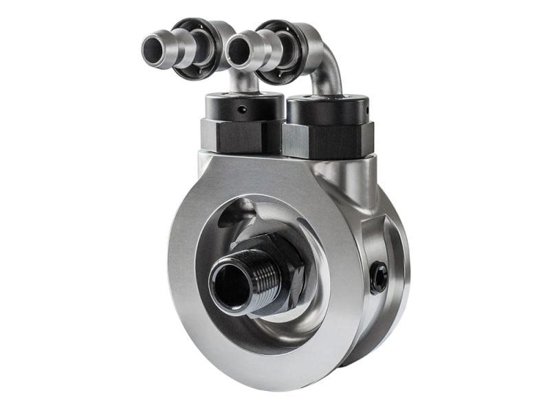 Oil Cooler Adaptor with By-pass. Fits Evolution Big Twin 1984-1999 High-performance motorcycle component for Revelry Motorcycles in Australia.