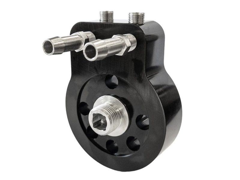 Oil Cooler Adaptor with By-pass. Fits Air Cooled Milwaukee-Eight 2018up Aluminium motorcycle sprocket hub component for Revelry Motorcycles Australian bike enthusiasts.