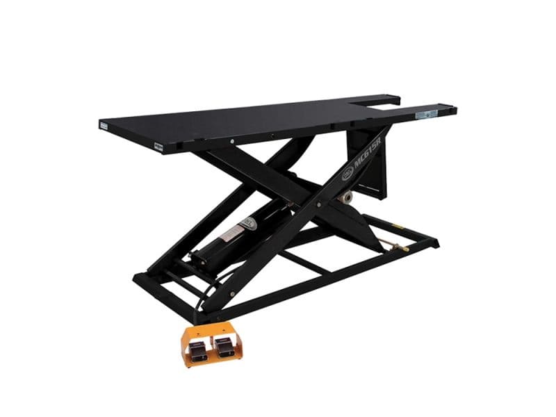 Portable motorcycle lift table for Revelry Motorcycles, ideal for maintenance and repairs.