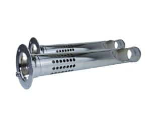 Chrome motorcycle exhaust pipes with perforated design for vintage revelry.