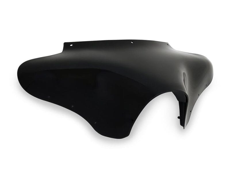Black motorcycle front fairing for custom cafe racer builds.