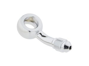 Shiny chrome motorcycle oil drain plug with integrated hose fitting for Revelry Motorcycles.