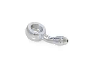 Polished aluminium motorcycle oil filter cap with angled drain plug for Revelry Motorcycles.