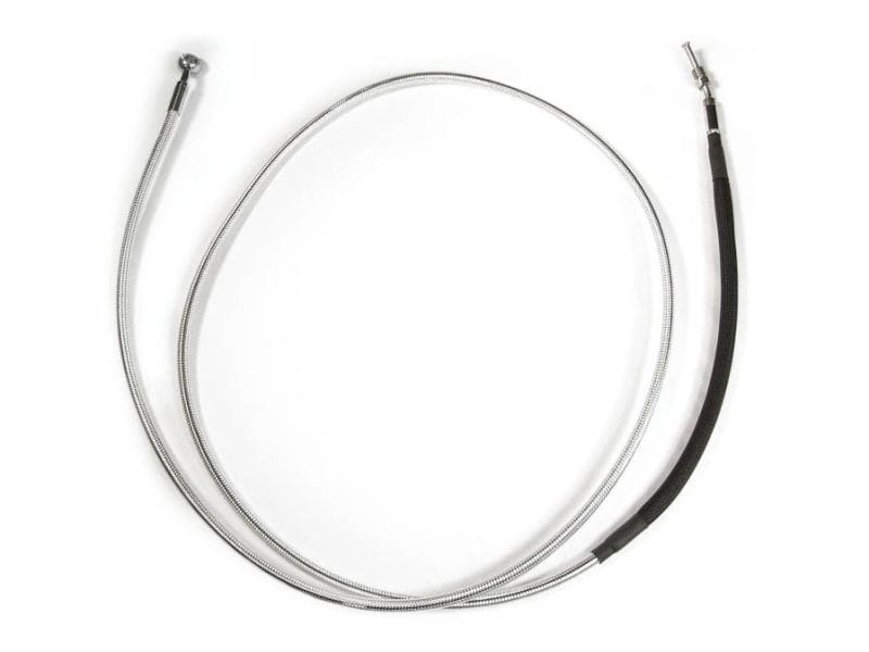 Flexible motorcycle brake or clutch cable with metal fittings for Revelry Motorcycles.