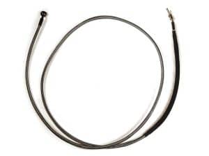Flexible motorcycle brake or clutch cable with metal and rubber components.