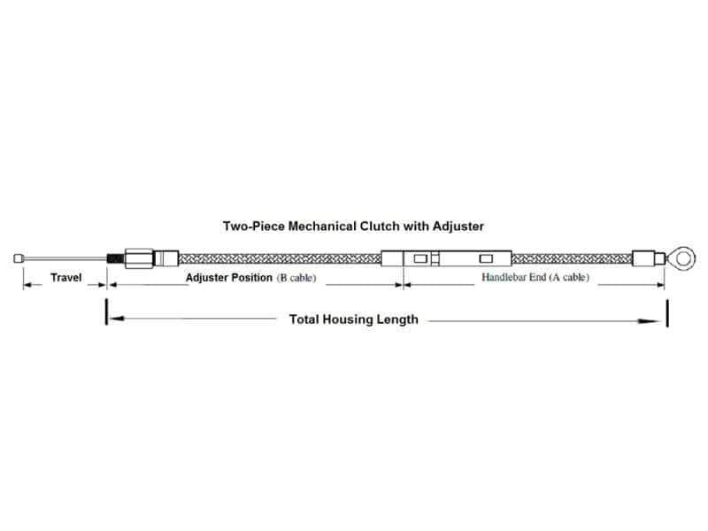 Two-piece mechanical clutch cable with adjustment for Revelry Motorcycles.