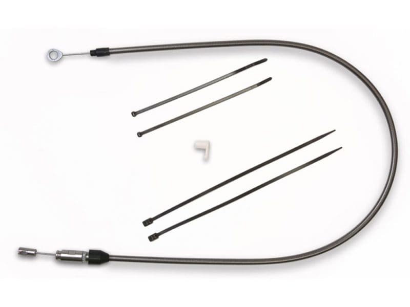 Flexible motorcycle throttle cable with metal fittings for Revelry Motorcycles.