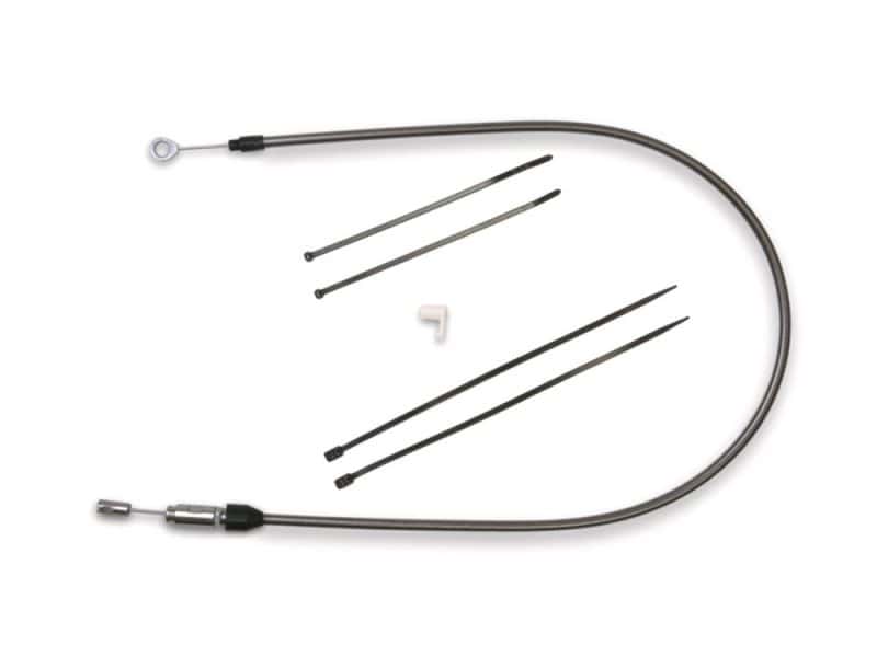 Flexible motorcycle throttle cable with installation accessories for Revelry Motorcycles.