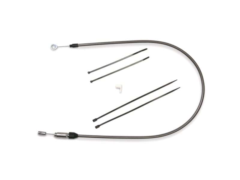 Flexible motorcycle throttle cable with installation accessories for Revelry Motorcycles.