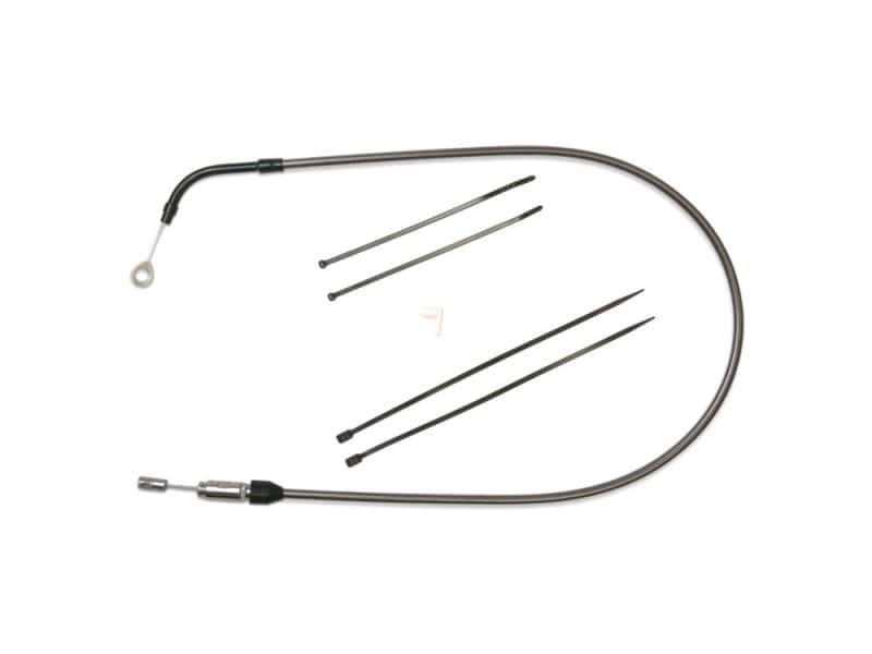 Flexible motorcycle throttle cable with metal and rubber components for Revelry Motorcycles.