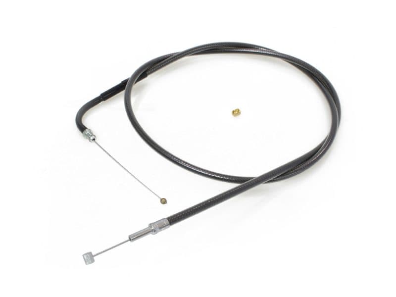 Flexible motorcycle throttle cable for Revelry Motorcycles, durable black finish, precise control.