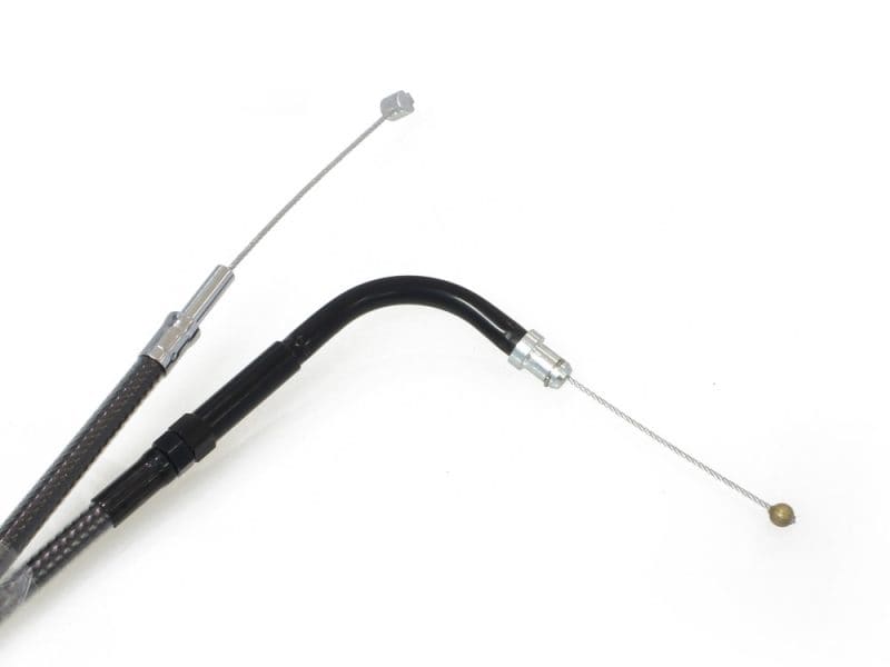 Flexible motorcycle throttle cable with metal end fittings for Revelry Motorcycles.